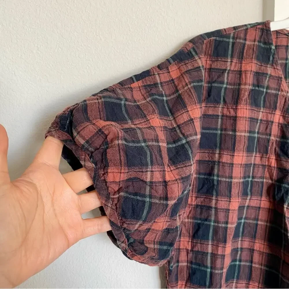 Madewell Preppy V-Neck Plaid Gathered Slightly Shrunken Puff Sleeve Casual Top